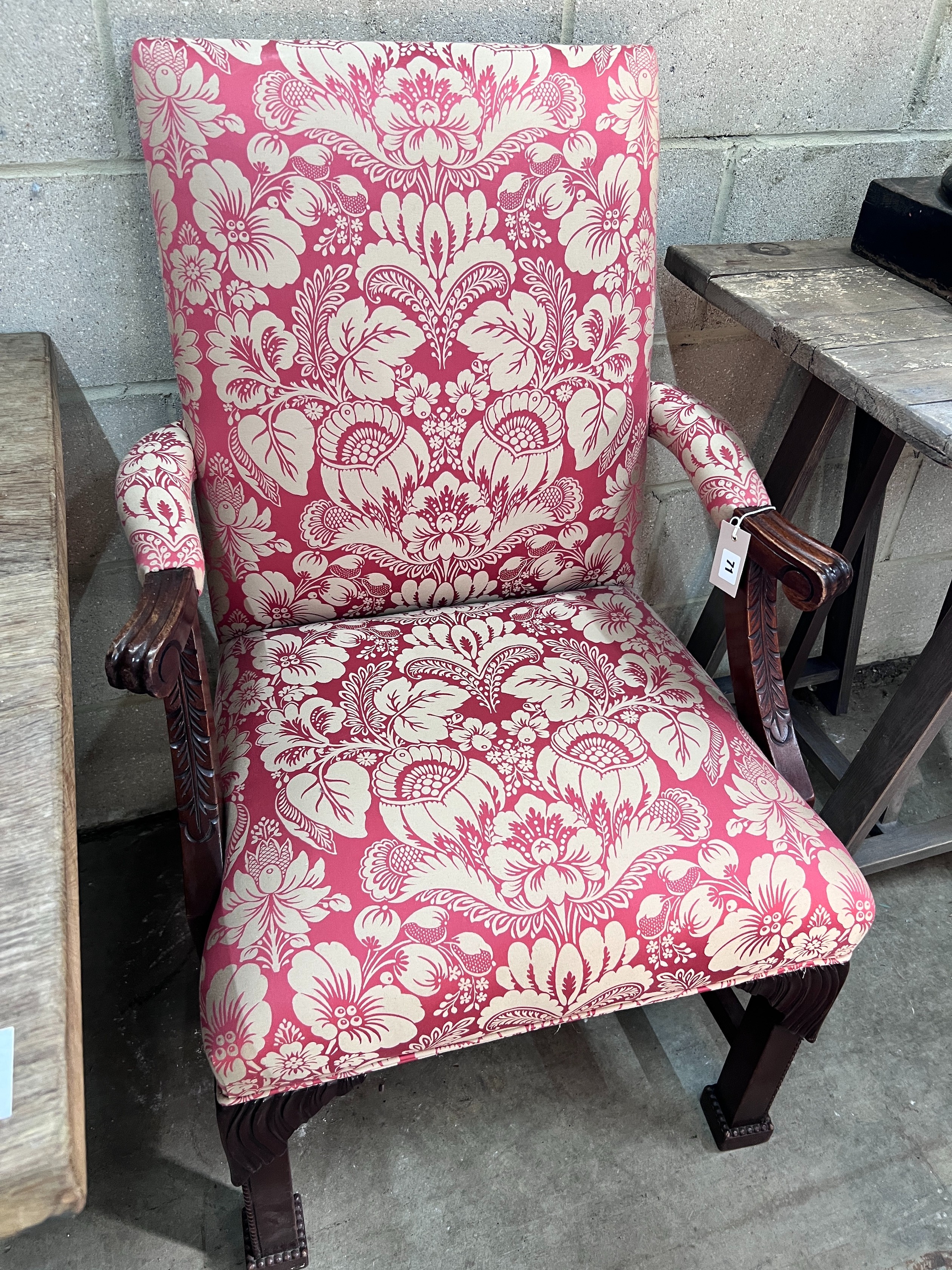 A reproduction mahogany upholstered Gainsborough style library chair, width 65cm, depth 70cm, height 102cm *Please note the sale commences at 9am.